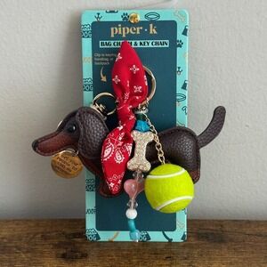 New Piper K Dachshund Keychain Bag Charm Tennis Ball Bone Cute Viral Brown Red
